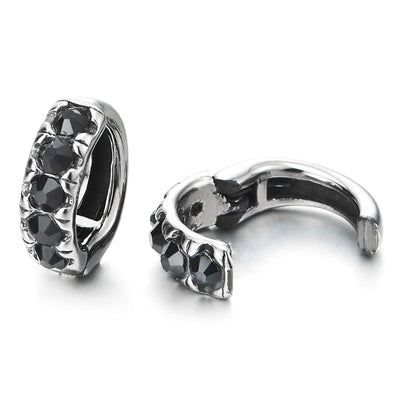 Huggie Hinged Hoop Earrings Black Cubic Zirconia, Steel Non-Piercing Clip On Earrings Men Women - COOLSTEELANDBEYOND Jewelry