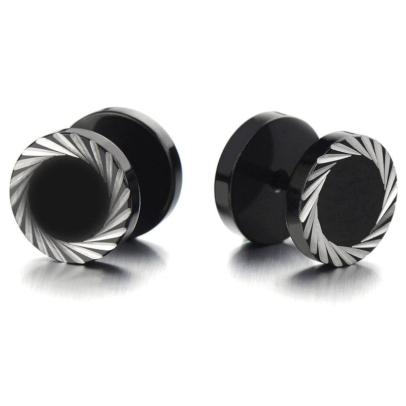 Illusion Tunnel Plug Black Stainless Steel Mens Earrings Screw Back with Laser Patterns, 2 Pcs - COOLSTEELANDBEYOND Jewelry