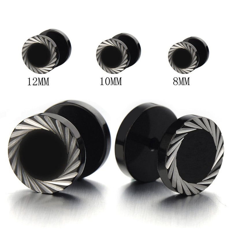 Illusion Tunnel Plug Black Stainless Steel Mens Earrings Screw Back with Laser Patterns, 2 Pcs - COOLSTEELANDBEYOND Jewelry