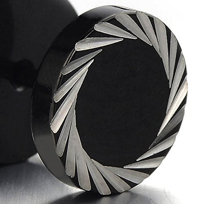 Illusion Tunnel Plug Black Stainless Steel Mens Earrings Screw Back with Laser Patterns, 2 Pcs - COOLSTEELANDBEYOND Jewelry