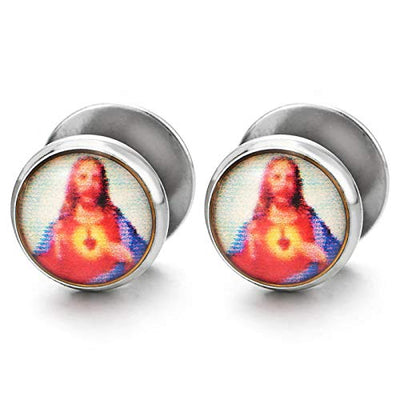 Jesus Christ Image Circle Stud Earrings Men Women Steel Cheater Fake Ear Plug Gauges Illusion Tunnel - coolsteelandbeyond
