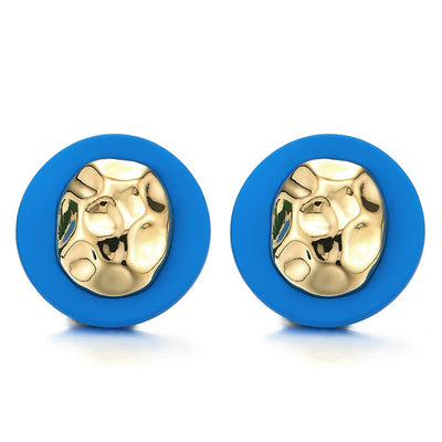 Large Blue Gold Circle Irregular Convex Oval Statement Stud Earrings - COOLSTEELANDBEYOND Jewelry