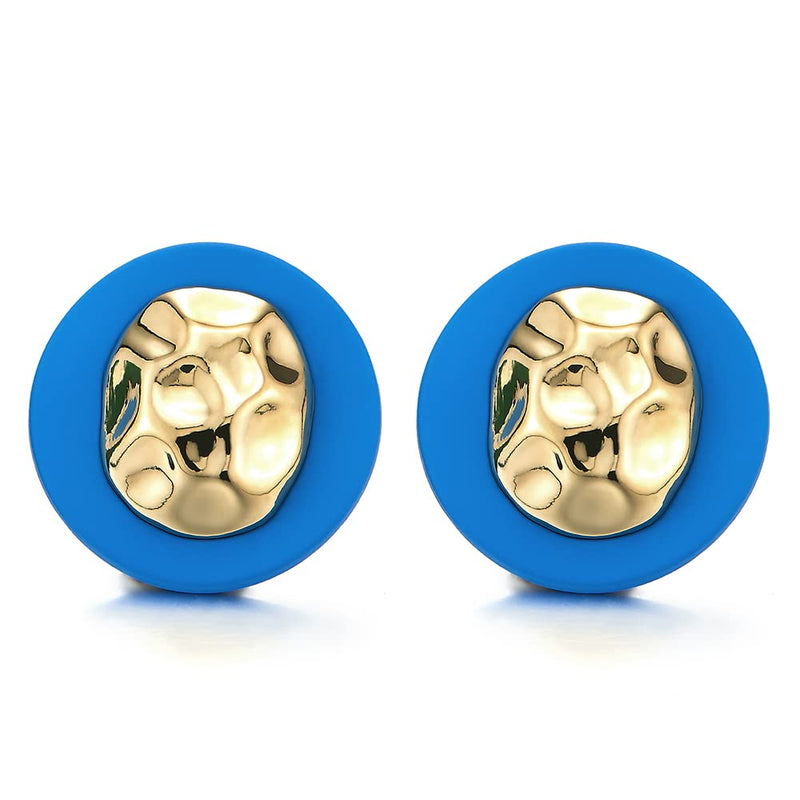 Large Blue Gold Circle Irregular Convex Oval Statement Stud Earrings - COOLSTEELANDBEYOND Jewelry
