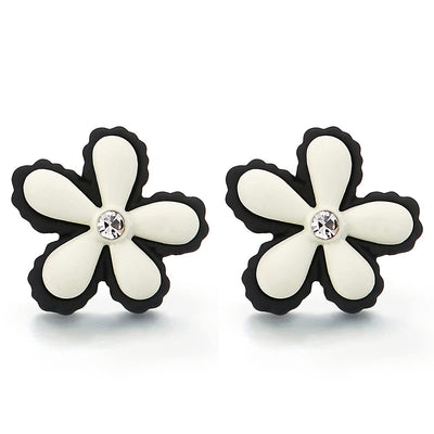 Lovely Black White Flower Statement Stud Earrings with Cubic Zirconia - COOLSTEELANDBEYOND Jewelry
