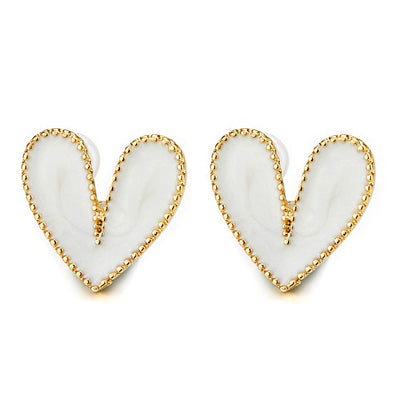 Lovely Dotted Heart Gold Color Stud Earrings with White Enamel - COOLSTEELANDBEYOND Jewelry