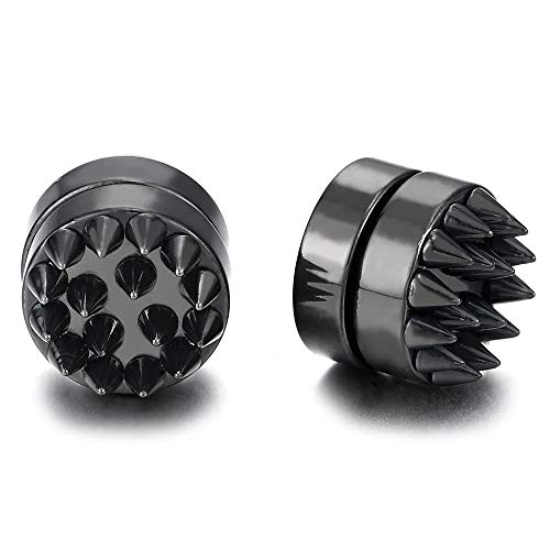 Magnetic Black Spike Rivets Stud Earrings for Men Women, Non-Piercing Clip On Steel Cheater Fake Ear - coolsteelandbeyond