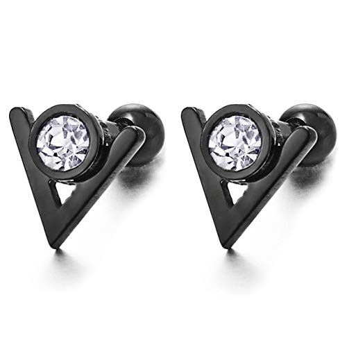 Man Women Stainless Steel Black V-shape Arrowhead Stud Earrings with Cubic Zirconia, Screw Back - coolsteelandbeyond