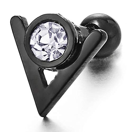 Man Women Stainless Steel Black V-shape Arrowhead Stud Earrings with Cubic Zirconia, Screw Back - coolsteelandbeyond