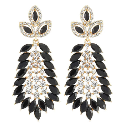 Marquise Black Crystal Rhinestone Cluster Leaf Long Dangle Statement Gold Color Earrings, Party Prom - COOLSTEELANDBEYOND Jewelry