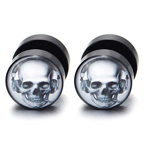 Men Black Circle Stud Earrings Black White Headphone Smoking Skull Steel Cheater Fake Ear Plug - coolsteelandbeyond