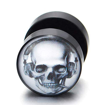 Men Black Circle Stud Earrings Black White Headphone Smoking Skull Steel Cheater Fake Ear Plug - coolsteelandbeyond