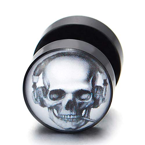 Men Black Circle Stud Earrings Black White Headphone Smoking Skull Steel Cheater Fake Ear Plug - coolsteelandbeyond