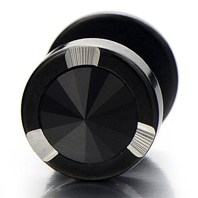 Mens Black Stud Earrings Stainless Steel Illusion Tunnel Fake Ear Plugs with Black Spike Cz, 2pcs - coolsteelandbeyond