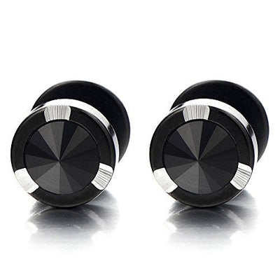 Mens Black Stud Earrings Stainless Steel Illusion Tunnel Fake Ear Plugs with Black Spike Cz, 2pcs - coolsteelandbeyond