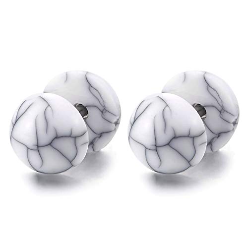Men Women 8MM White Marble Pattern Barbell Half Ball Stud Earrings Cheater Fake Ear Plug Gauges 2pcs - coolsteelandbeyond