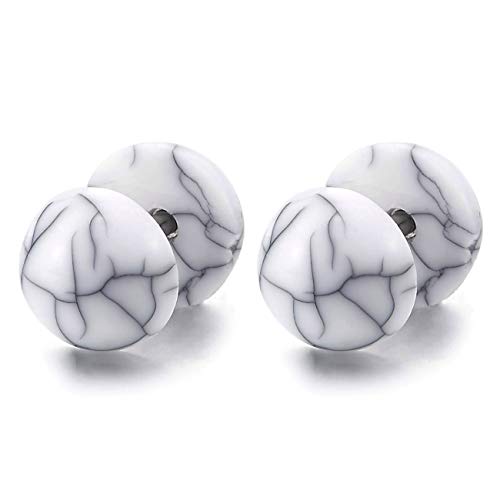 Men Women 8MM White Marble Pattern Barbell Half Ball Stud Earrings Cheater Fake Ear Plug Gauges 2pcs - coolsteelandbeyond