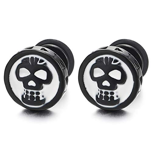 Men Women 9.5MM Skull Black Circle Stud Earrings with White Enamel, Stainless Steel, Screw Back - coolsteelandbeyond