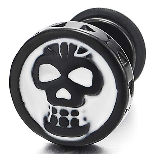 Men Women 9.5MM Skull Black Circle Stud Earrings with White Enamel, Stainless Steel, Screw Back - coolsteelandbeyond