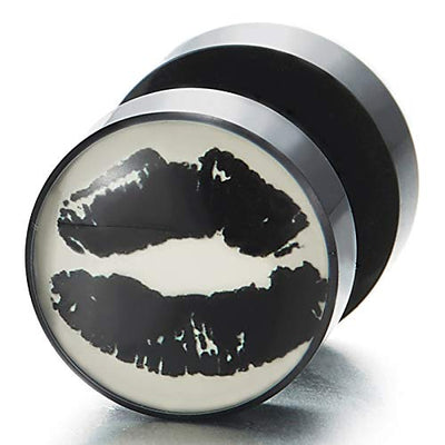 Men Women Black Circle Dome Stud Earrings with Black White Lips, Steel Cheater Fake Ear Plugs Gauges - coolsteelandbeyond
