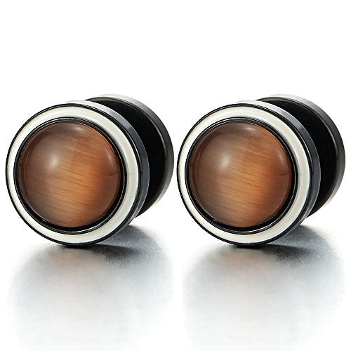 Men Women Black Circle Stud Earring Steel Cheater Fake Ear Plugs Gauges with Gem Stone, 2pcs - coolsteelandbeyond