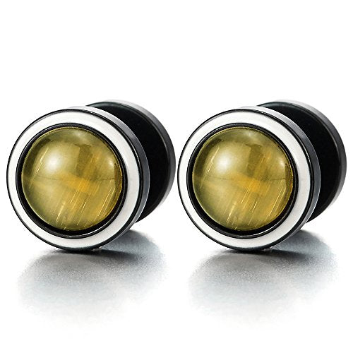 Men Women Black Circle Stud Earring Steel Cheater Fake Ear Plugs Gauges with Gem Stone, 2pcs - coolsteelandbeyond