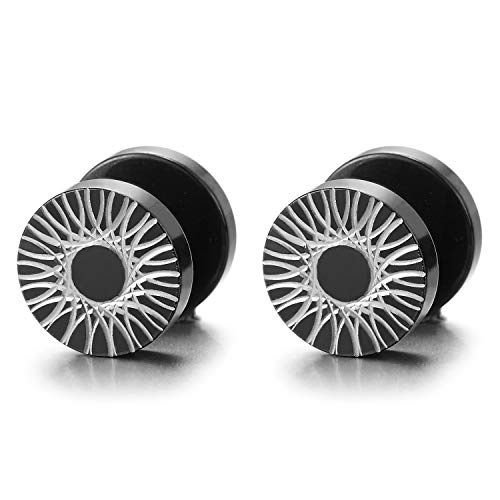 Men Women Black Circle Stud Earrings with Firework Laser Pattern, Steel Fake Plugs Gauges Tunnel - coolsteelandbeyond