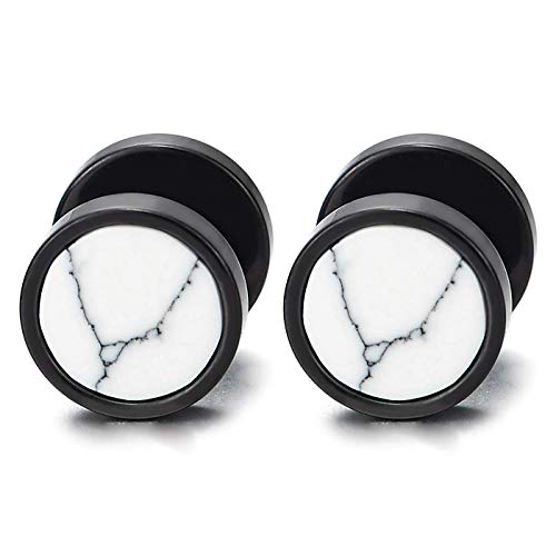 Men Women Black Circle Stud Earrings with White Marble Stone Steel Fake Ear Plugs Gauges Tunnel - coolsteelandbeyond