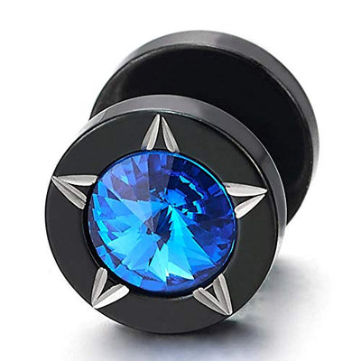 Men Women Black Star Laser Pattern Circle Stud Earrings Blue Spike CZ, Steel Cheater Fake Ear Plug - coolsteelandbeyond