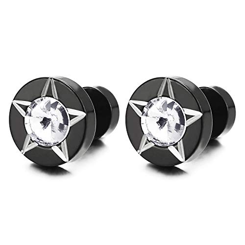 Men Women Black Star Laser Pattern Circle Stud Earrings Spike CZ, Steel Cheater Fake Ear Plug Gauges - coolsteelandbeyond