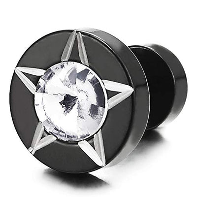 Men Women Black Star Laser Pattern Circle Stud Earrings Spike CZ, Steel Cheater Fake Ear Plug Gauges - coolsteelandbeyond