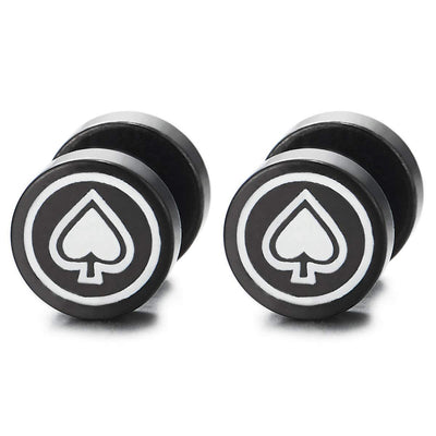 Men Women Black White Ace of Spade Circle Stud Earrings Steel Cheater Fake Ear Plugs Gauges Illusion - COOLSTEELANDBEYOND Jewelry