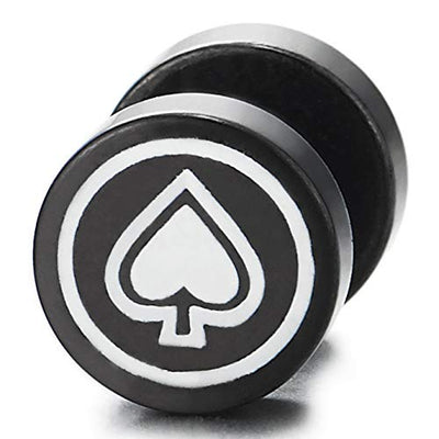 Men Women Black White Ace of Spade Circle Stud Earrings Steel Cheater Fake Ear Plugs Gauges Illusion - COOLSTEELANDBEYOND Jewelry