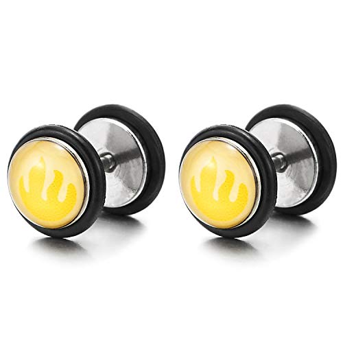 Men Women Circle Dome Stud Earring with Yellow Flame Steel Cheater Fake Plug Gauges Illusion Tunnel - coolsteelandbeyond