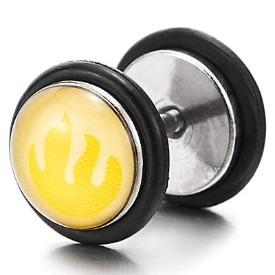 Men Women Circle Dome Stud Earring with Yellow Flame Steel Cheater Fake Plug Gauges Illusion Tunnel - coolsteelandbeyond