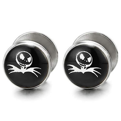 Men Women Circle Dome Stud Earrings Black White Bat Alien Monster, Steel Cheater Fake Ear Plug Gauge - coolsteelandbeyond