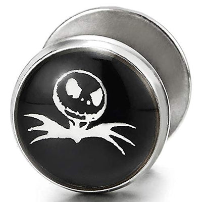 Men Women Circle Dome Stud Earrings Black White Bat Alien Monster, Steel Cheater Fake Ear Plug Gauge - coolsteelandbeyond