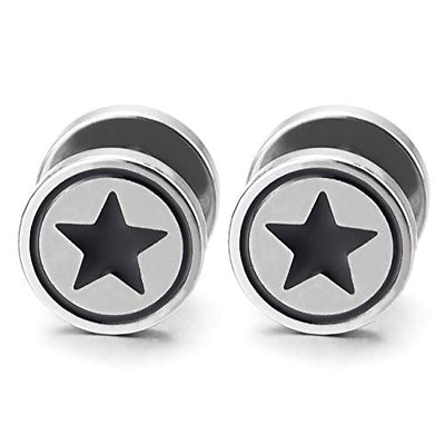 Men Women Circle Star Stud Earring Black Enamel, Steel Cheater Fake Ear Plugs Gauges Illusion Tunnel - coolsteelandbeyond