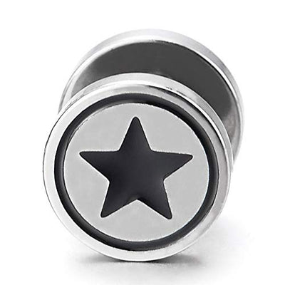 Men Women Circle Star Stud Earring Black Enamel, Steel Cheater Fake Ear Plugs Gauges Illusion Tunnel - coolsteelandbeyond