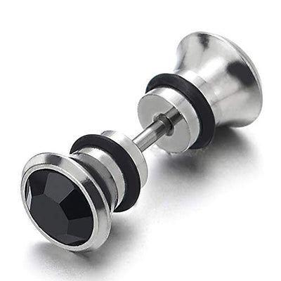 Men Women Circle Stud Earring with Black Faceted Cubic Zirconia, Steel Cheater Fake Ear Plugs Gauges - coolsteelandbeyond