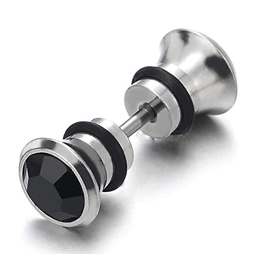 Men Women Circle Stud Earring with Black Faceted Cubic Zirconia, Steel Cheater Fake Ear Plugs Gauges - coolsteelandbeyond