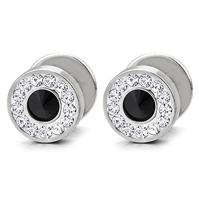 Men Women Circle Stud Earrings White and Black Cubic Zirconia, Steel Cheater Fake Ear Plug Gauges - COOLSTEELANDBEYOND Jewelry