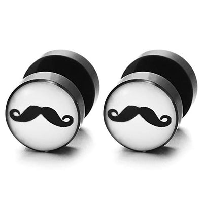 Men Women Circle Stud Earrings with Mustache Beard, Black White Steel Cheater Fake Ear Plugs Gauges - coolsteelandbeyond