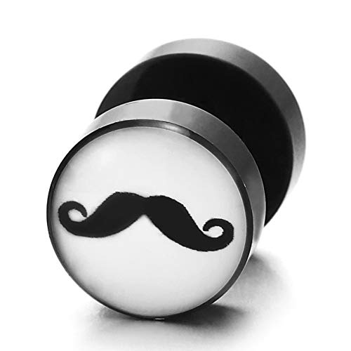 Men Women Circle Stud Earrings with Mustache Beard, Black White Steel Cheater Fake Ear Plugs Gauges - coolsteelandbeyond