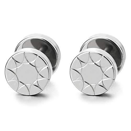 Men Women Circle Stud Earrings with Star Laser Pattern, Steel Cheater Fake Ear Plug Gauges Tunnel - coolsteelandbeyond