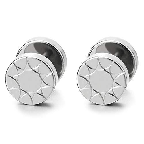 Men Women Circle Stud Earrings with Star Laser Pattern, Steel Cheater Fake Ear Plug Gauges Tunnel - coolsteelandbeyond