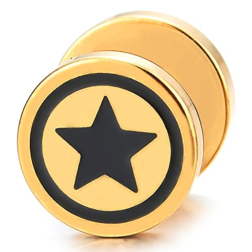 Men Women Gold Circle Star Stud Earring Black Enamel, Steel Cheater Fake Ear Plugs Gauges Illusion - COOLSTEELANDBEYOND Jewelry