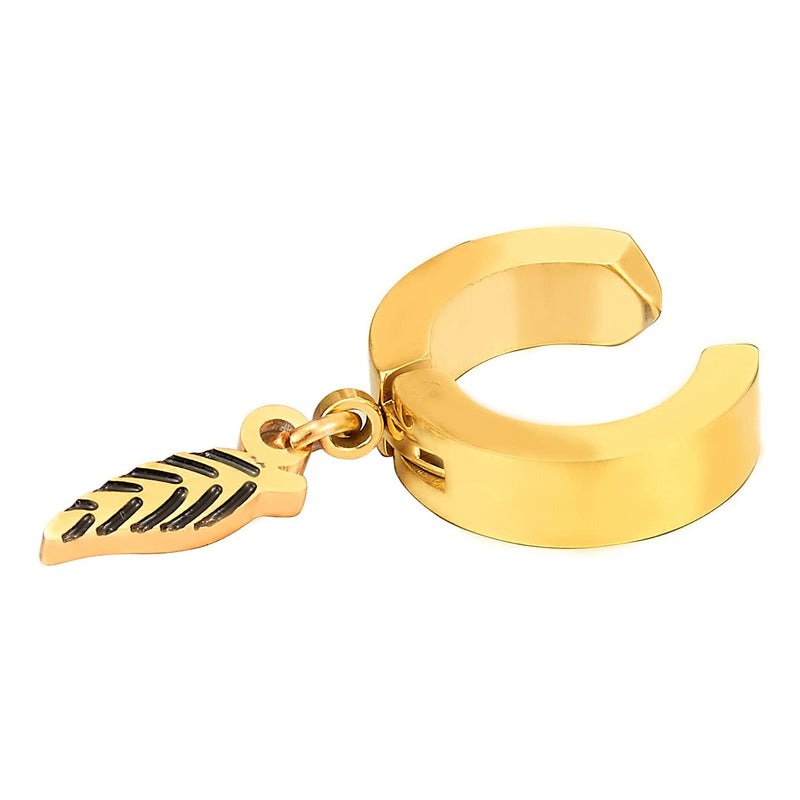 Men Women Gold Color Steel Huggie Hinged Earrings Dangling Leaf Non-piercing Clip on Earrings - COOLSTEELANDBEYOND Jewelry