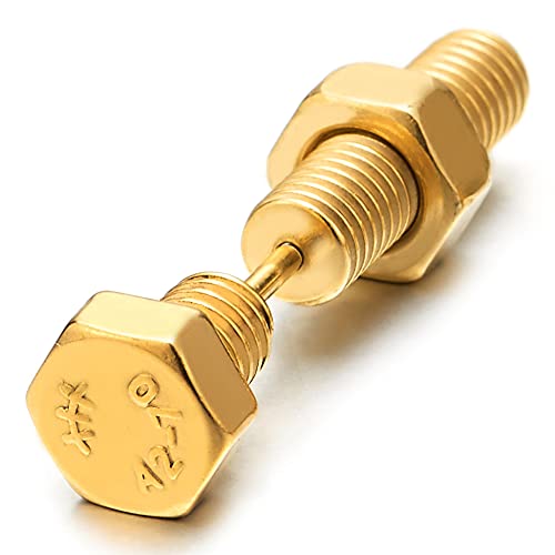Men Women Gold Hexagon Screw Head Stud Earrings Steel Cheater Fake Ear Plugs Gauges Illusion Tunnel - COOLSTEELANDBEYOND Jewelry