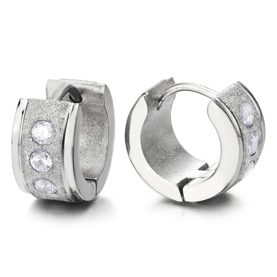 Men Women Grooved Huggie Hinged Hoop Earrings Stainless Steel with Cubic Zirconia Polished and Satin - coolsteelandbeyond