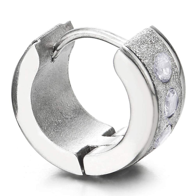 Men Women Grooved Huggie Hinged Hoop Earrings Stainless Steel with Cubic Zirconia Polished and Satin - coolsteelandbeyond